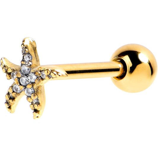 Clear CZ Gem Gold Tone Lush Starfish Barbell Tongue Ring