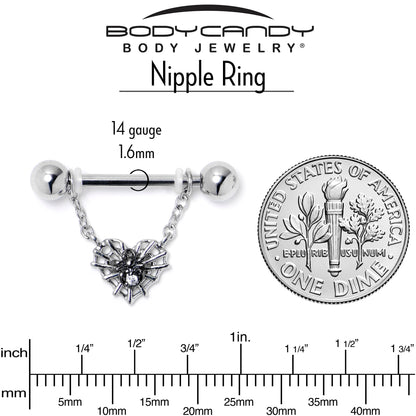 14G 9/16 Clear CZ Gem Heart of Spider Chain Dangle Nipple Ring Set