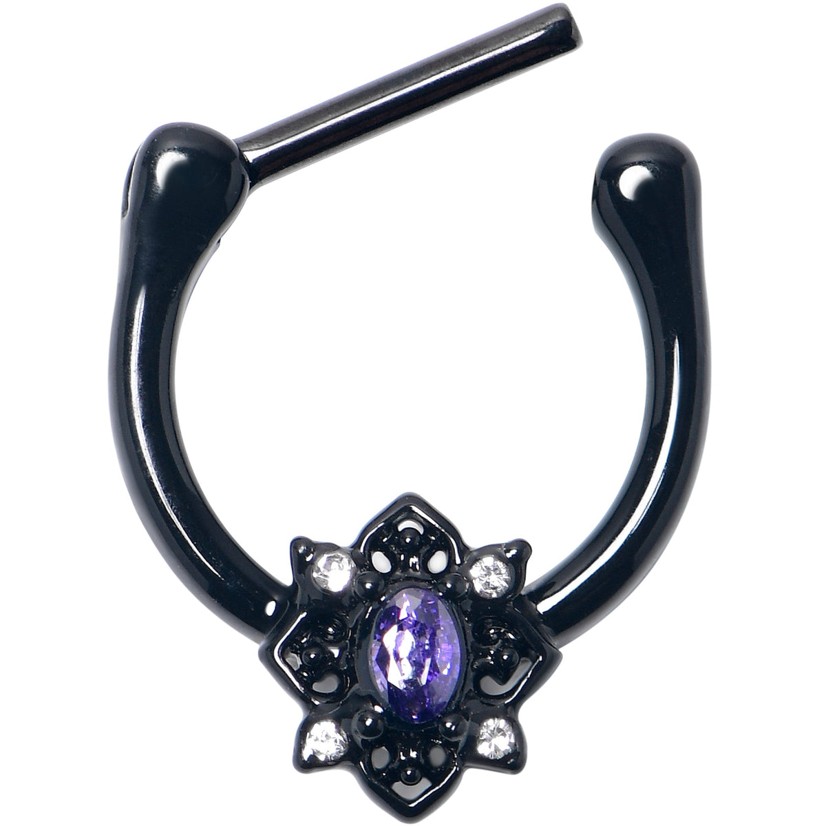 16G 5/16 Purple Gem Black Scrolling Hearts Cartilage Clicker