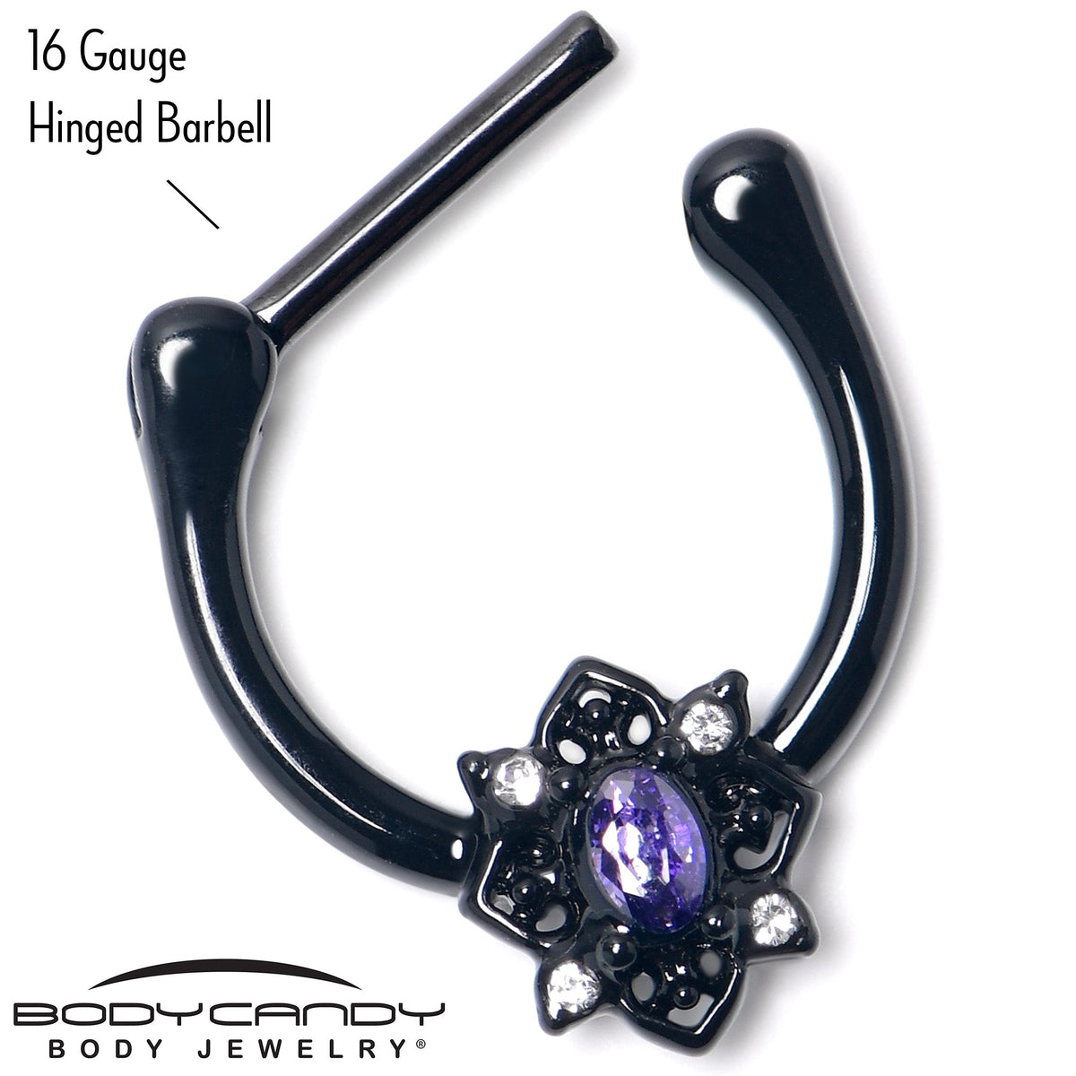 16G 5/16 Purple Gem Black Scrolling Hearts Cartilage Clicker