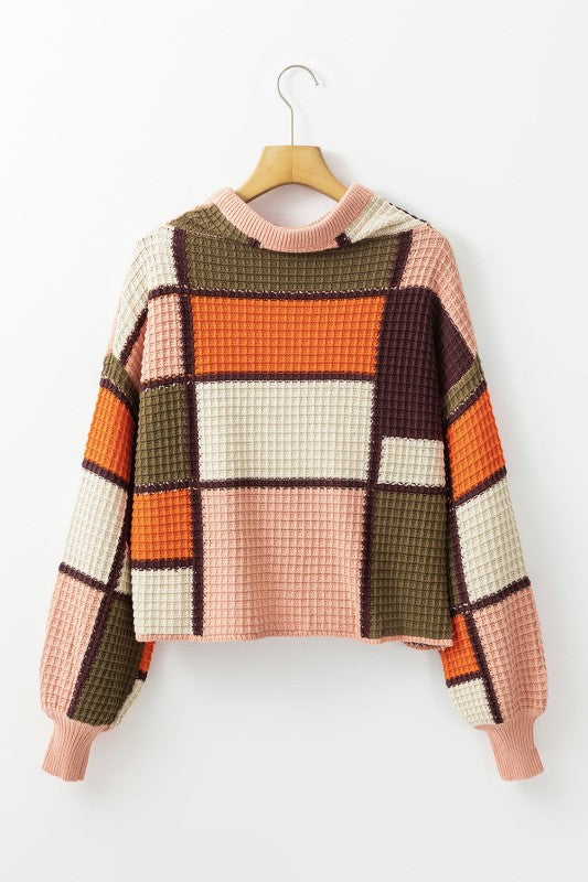 Colorblock Waffle Knit Drawstring Mock Neck Sweate