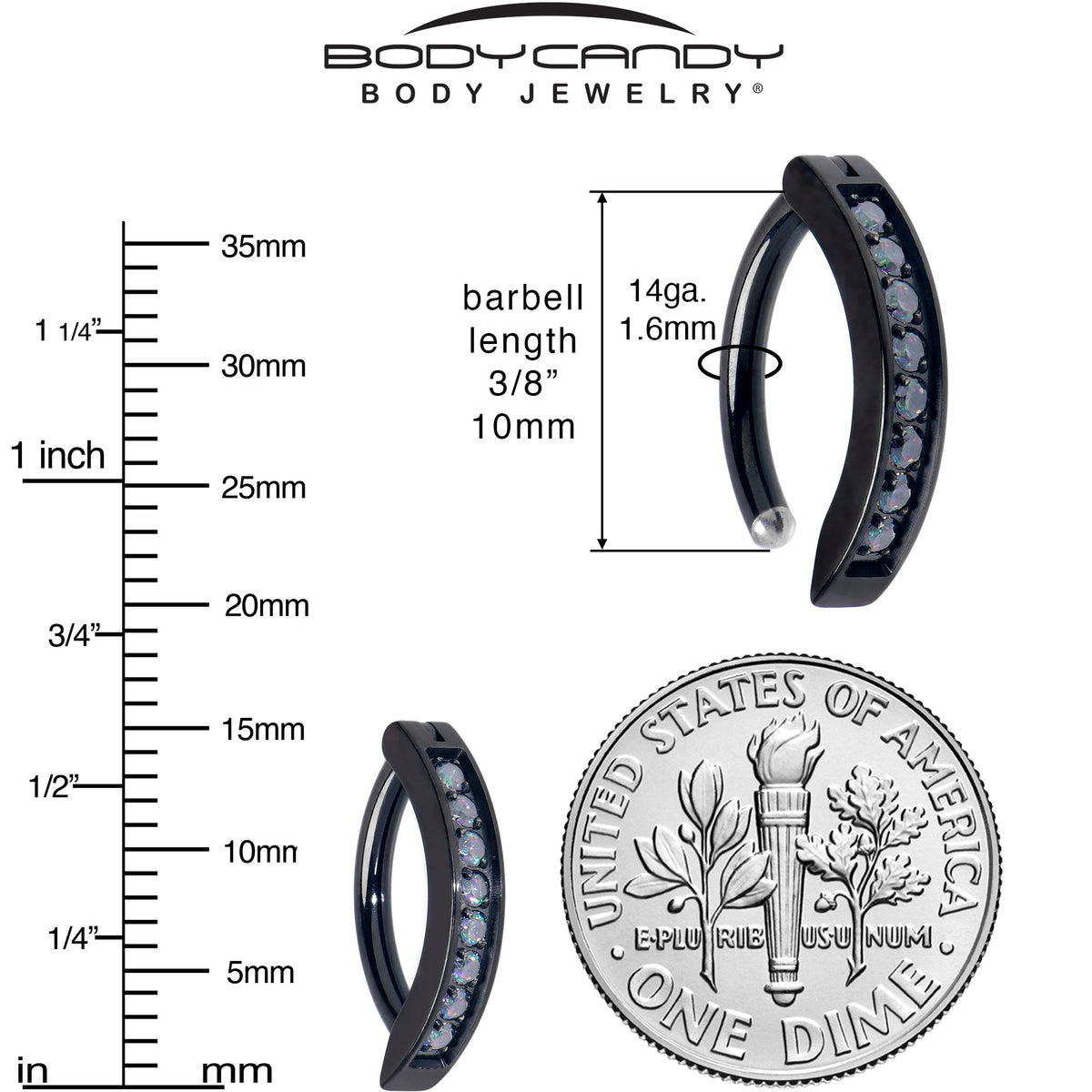 14G 3/8  Black Implant Grade Titanium CZ Paved Hinged Hoop Belly Ring
