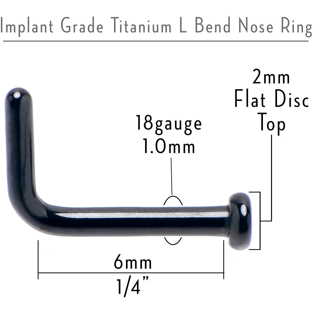 18G 1/4 Black ASTM F-136 Implant Grade Titanium 2mm Disc End L Shape Nose Ring