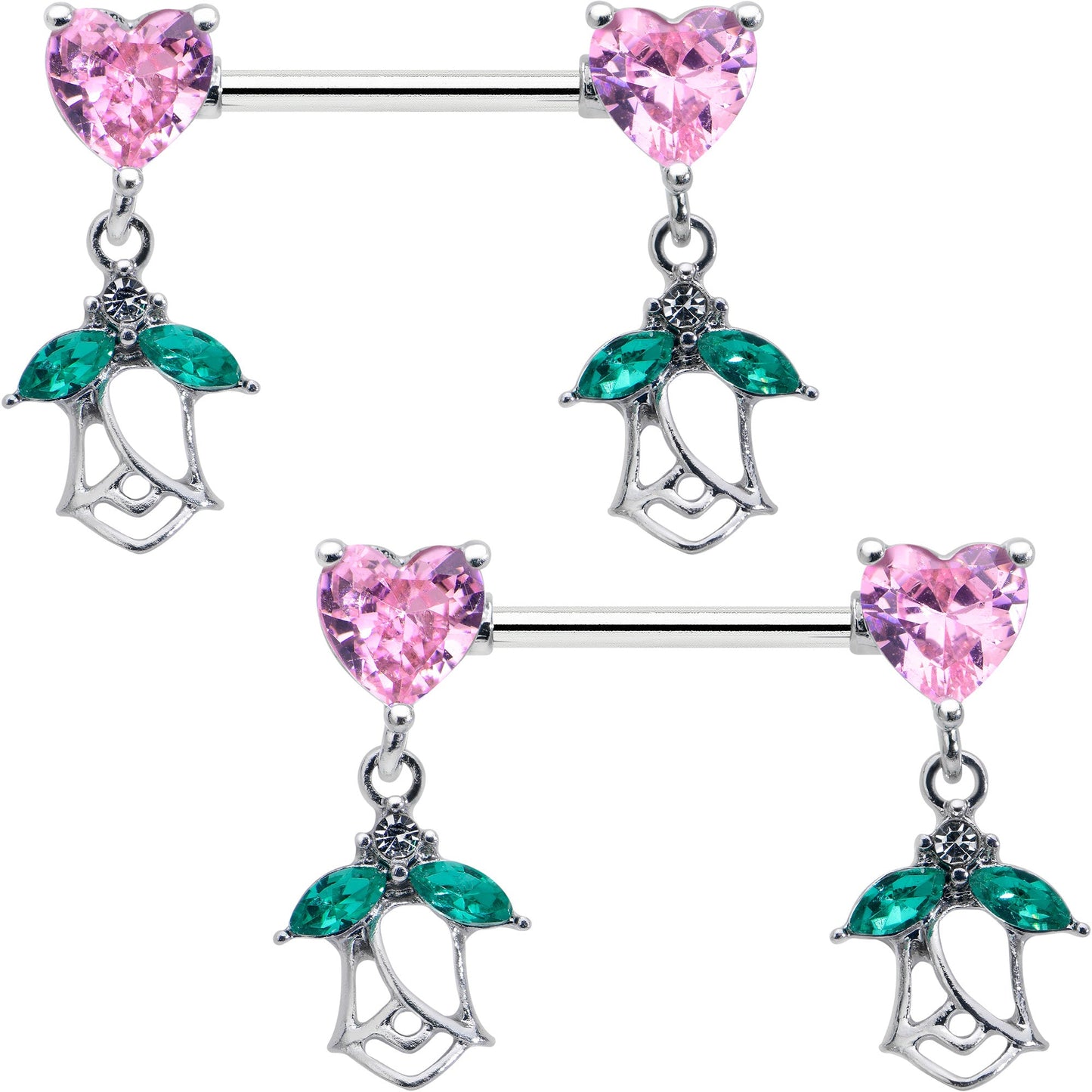 14G 9/16 Pink CZ Gem Hearts And Roses Dangle Nipple Ring Set