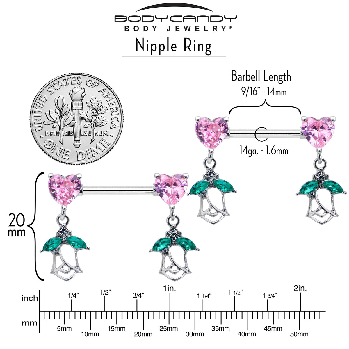14G 9/16 Pink CZ Gem Hearts And Roses Dangle Nipple Ring Set