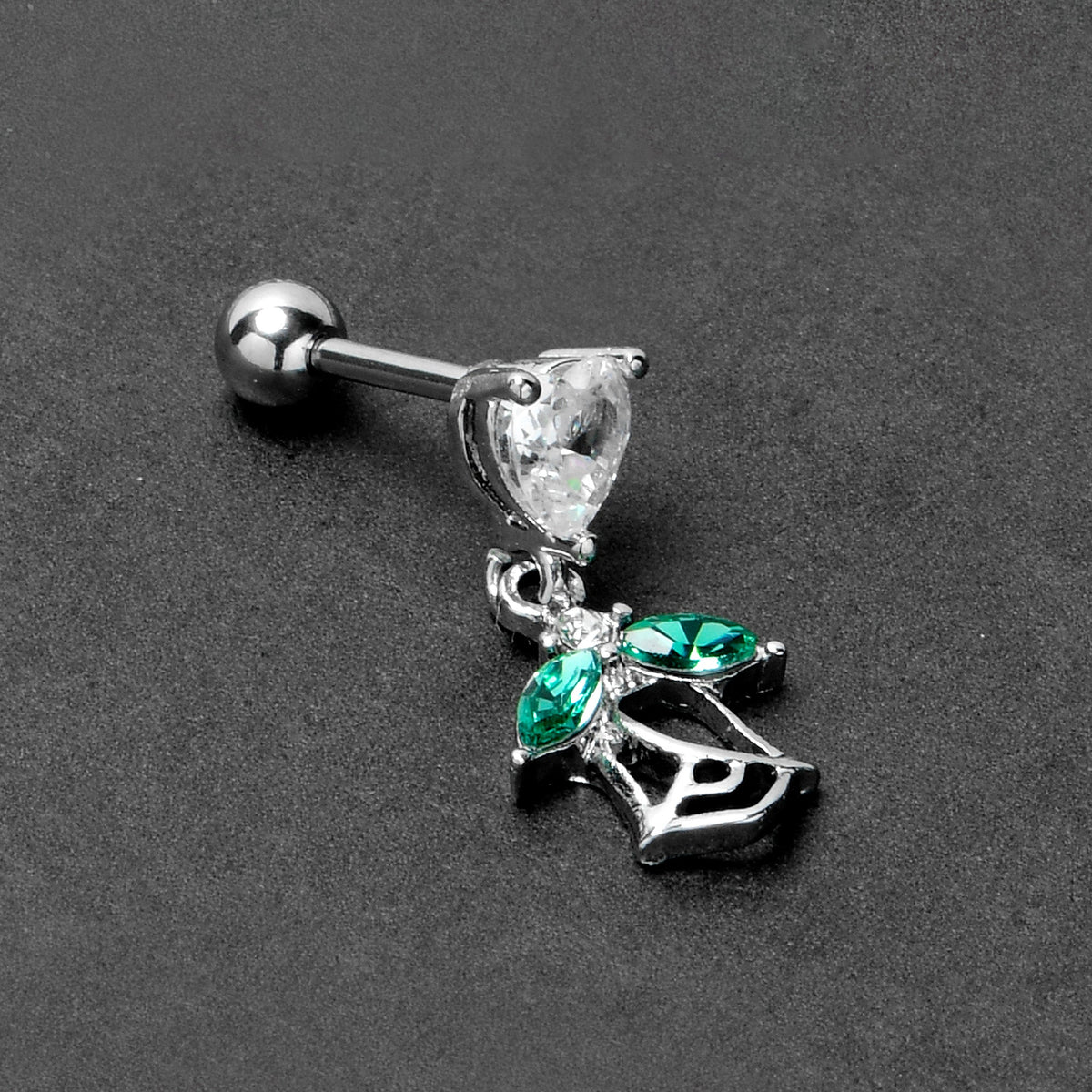 16G 1/4 Clear CZ Gem Heart And Rose Dangle Cartilage Earring
