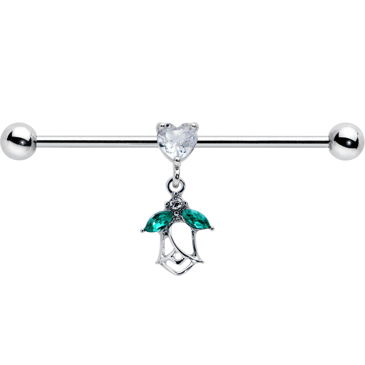 14G Clear CZ Gem Heart And Rose Dangle Industrial Barbell 38mm