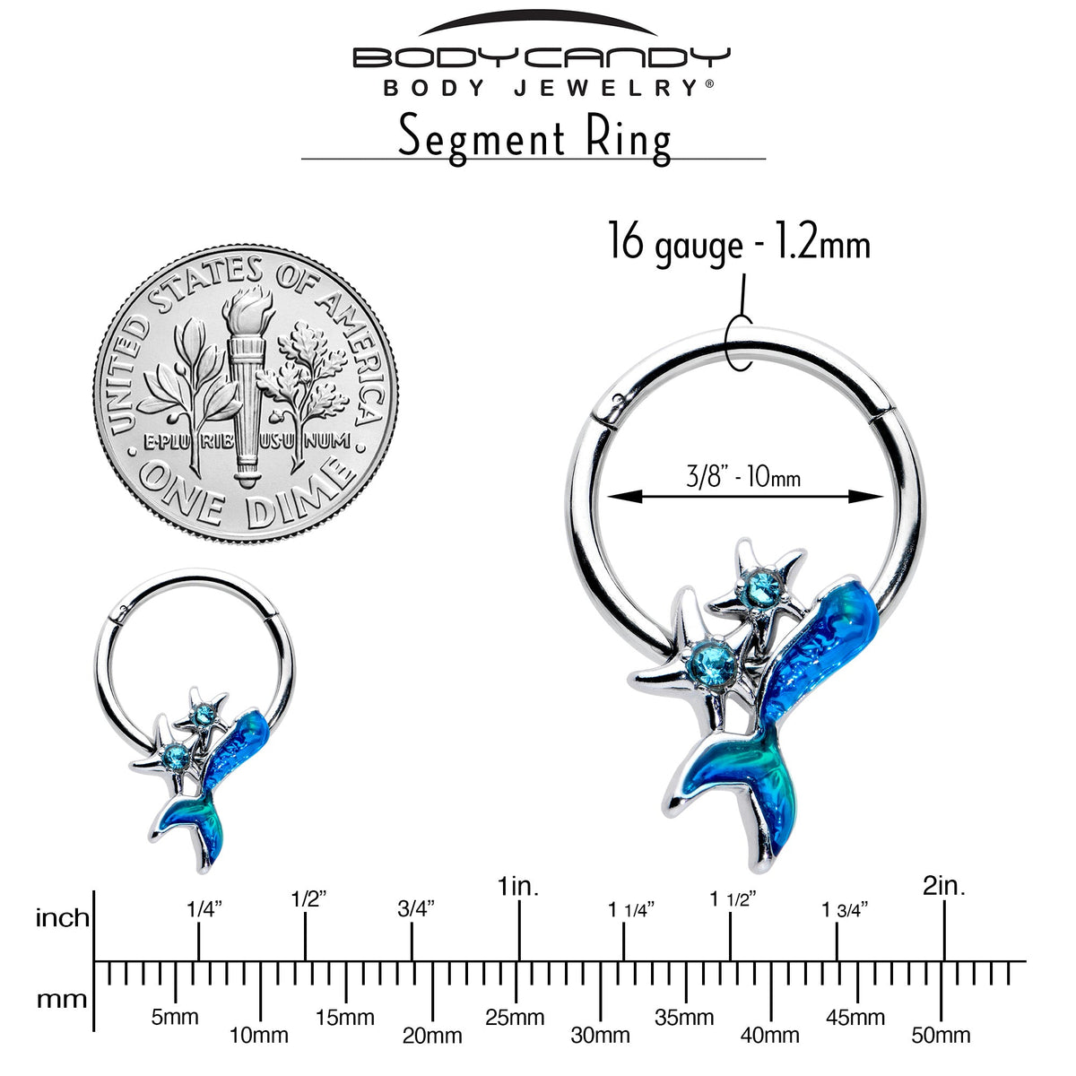 16G 3/8 Blue Gem Blue Mermaid Tail Stars Hinged Segment Ring
