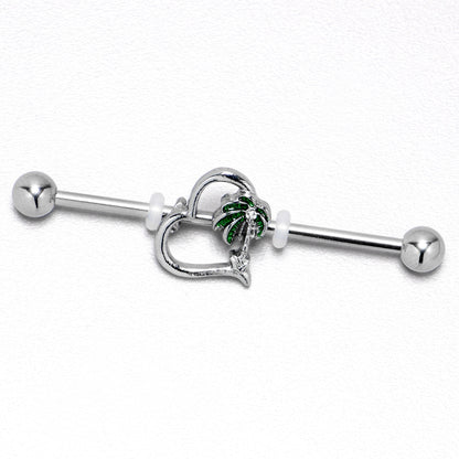 14G Clear Gem Palm Tree Love Heart Industrial Barbell 38mm