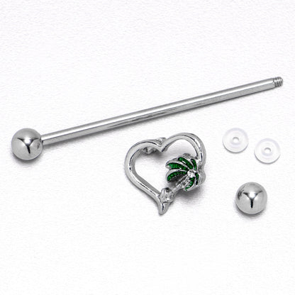 14G Clear Gem Palm Tree Love Heart Industrial Barbell 38mm
