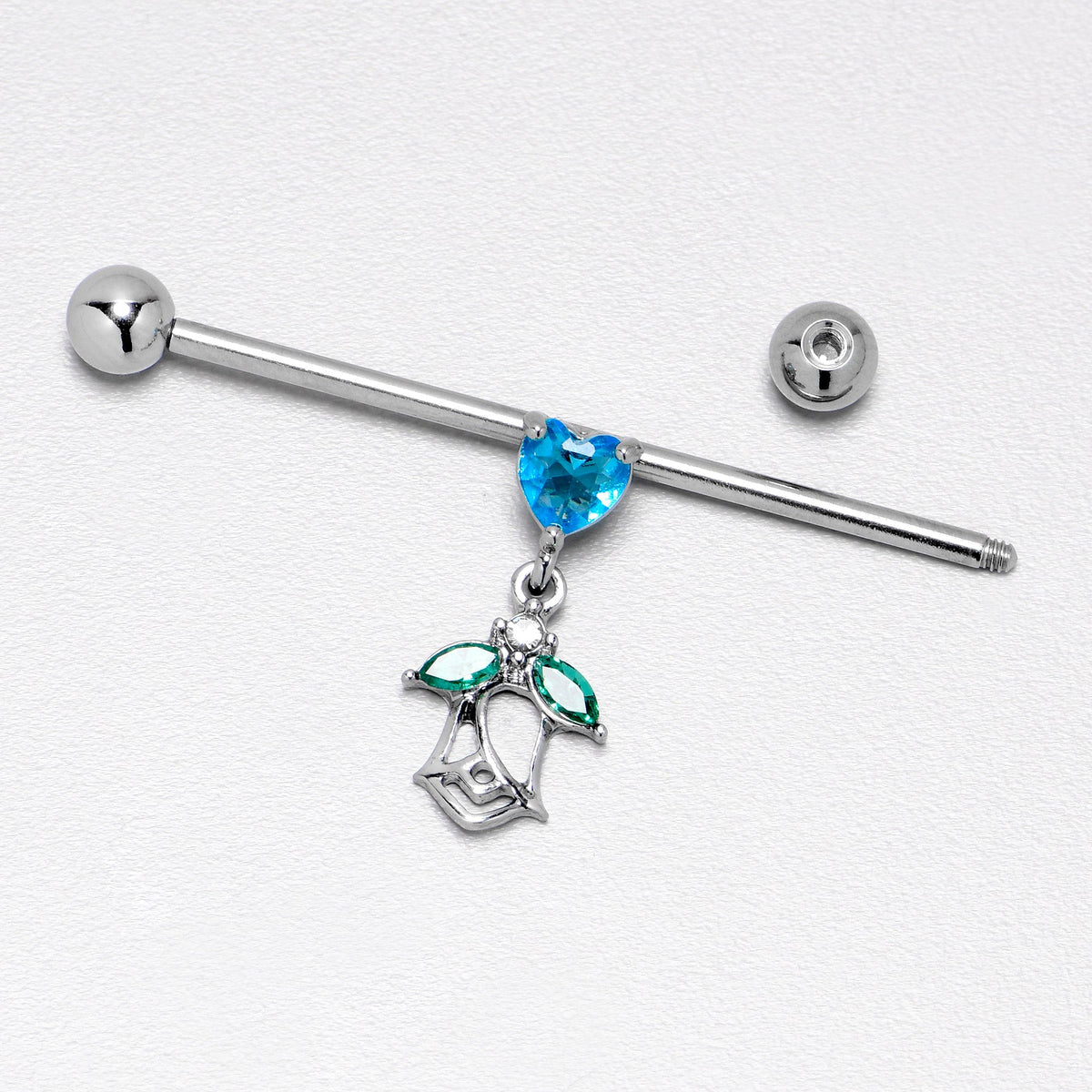 14G Blue CZ Gem Heart And Rose Dangle Industrial Barbell 38mm