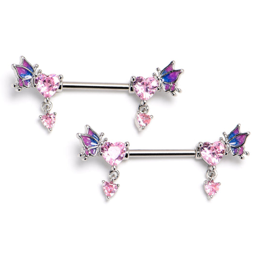 14G 9/16 Pink Gem Heart Butterfly Purple Dangle Nipple Ring Set