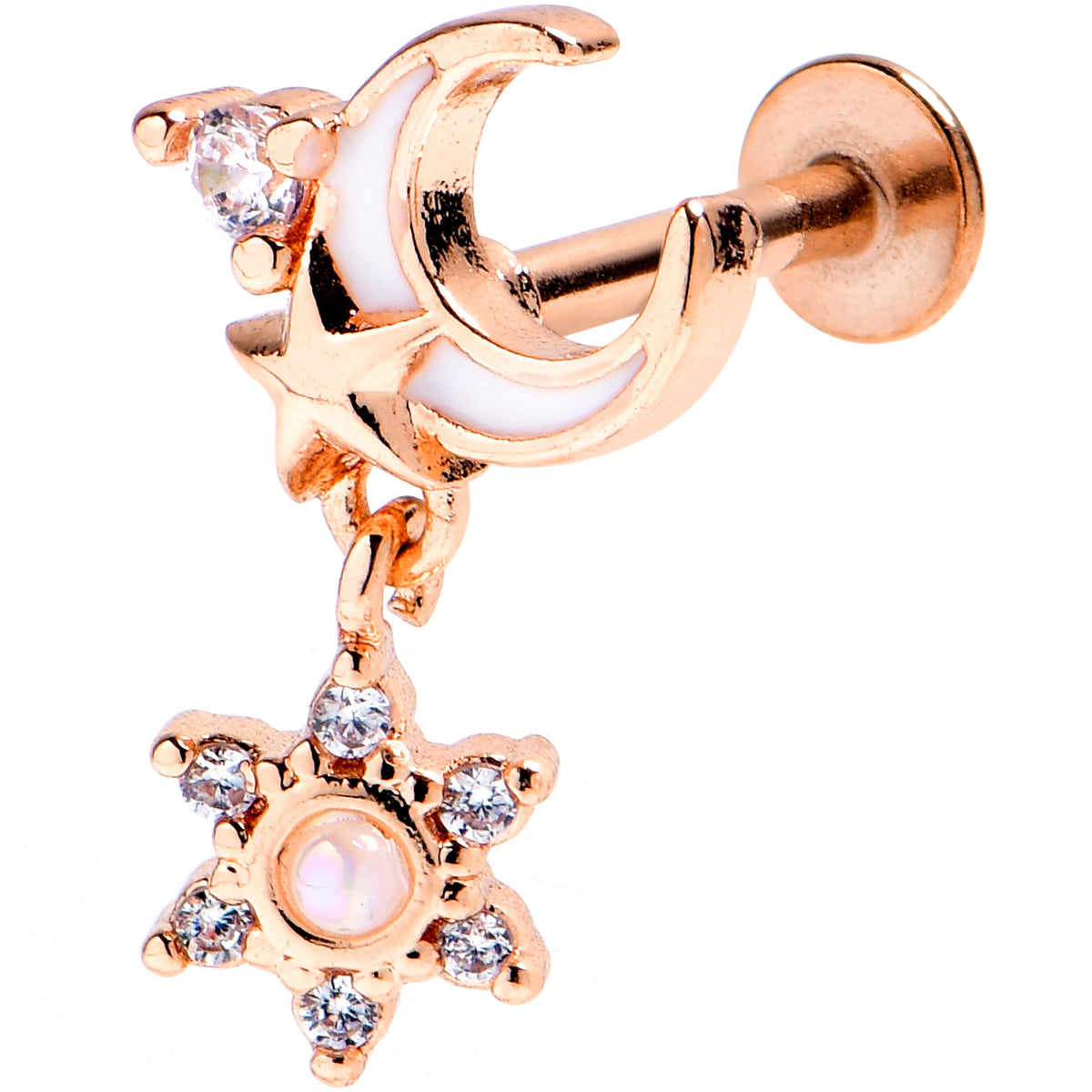 16G 5/16 Clear CZ Gem Rose Gold Tone Moon Star Labret Monroe Tragus