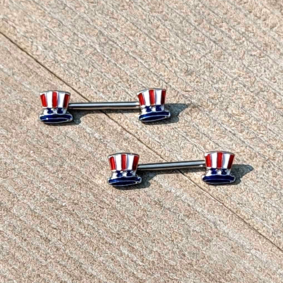 14G 9/16 Patriotic Top Hat Barbell Nipple Ring Set