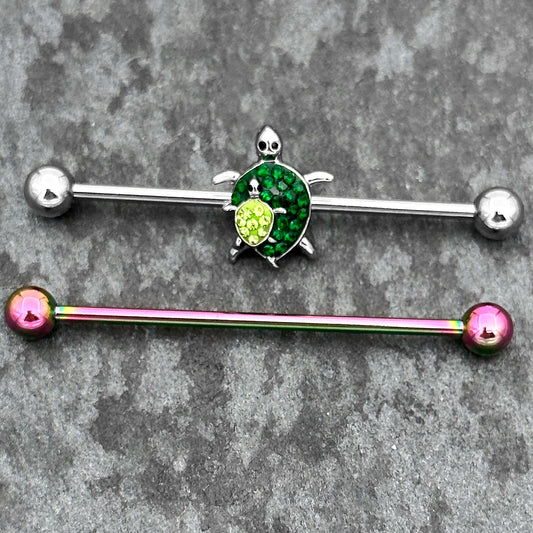 14G Green Gem Rainbow Turtle World Industrial Barbell 38mm Set of 2