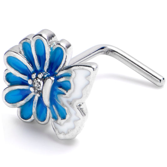 20G 1/4 Clear CZ Gem Butterfly Blossom Blue L Shape Nose Ring