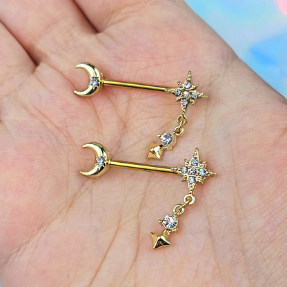 14G 9/16 Clear Gem Gold Tone Celestial Glam Dangle Nipple Ring Set