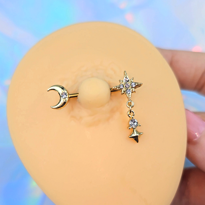 14G 9/16 Clear Gem Gold Tone Celestial Glam Dangle Nipple Ring Set