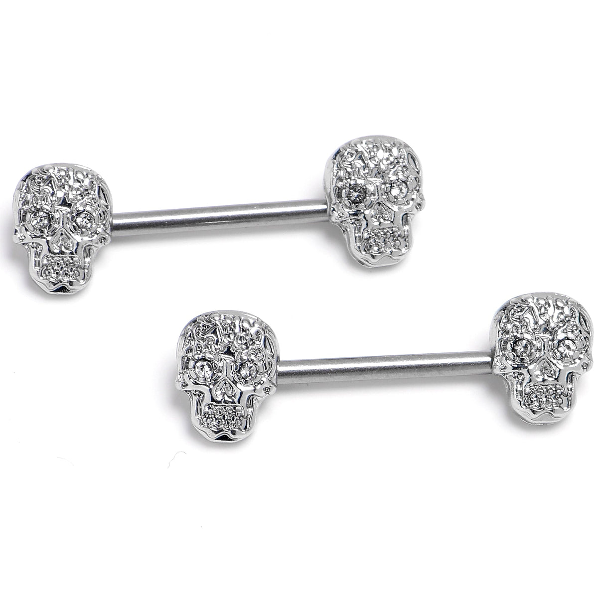 14G 9/16 316L Steel Skulls Clear Gem with Titanium Barbell Nipple Rings