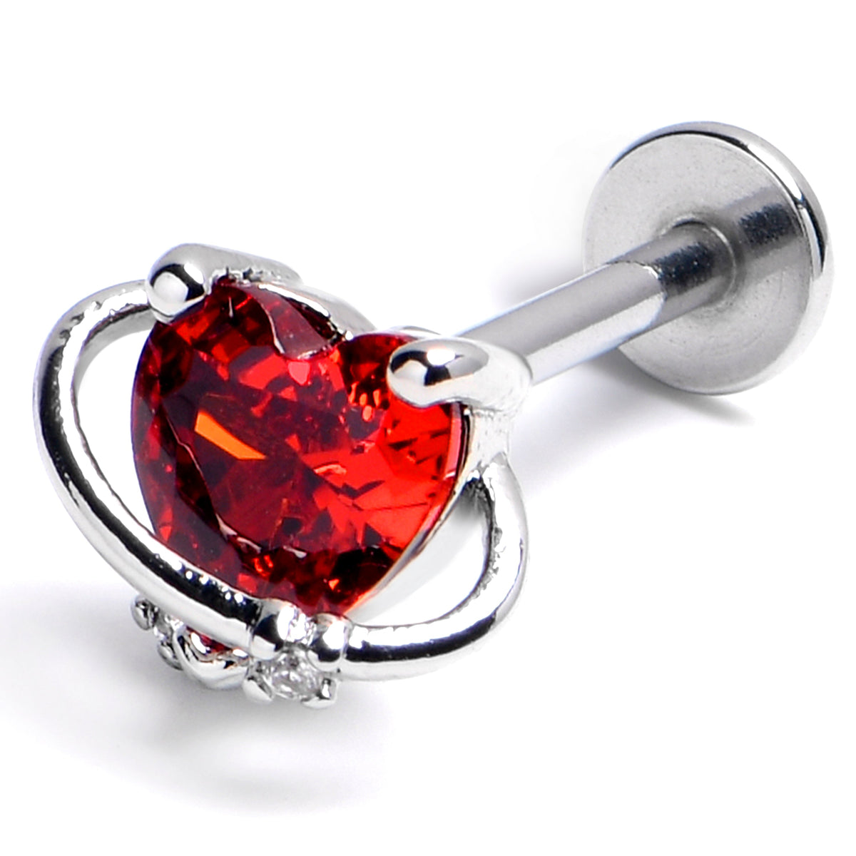 16G 3/8 Red CZ Gem Saturn Heart Labret Monroe Tragus