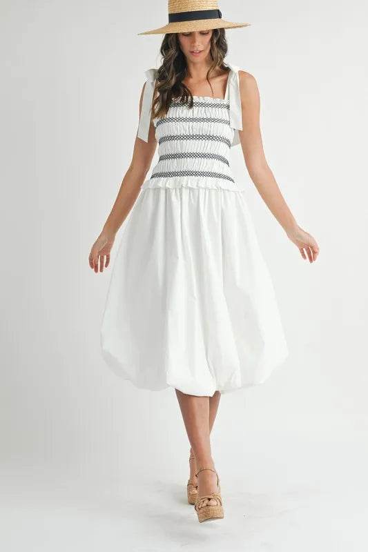 MABLE Smocked Bodice Bubble Midi Dress