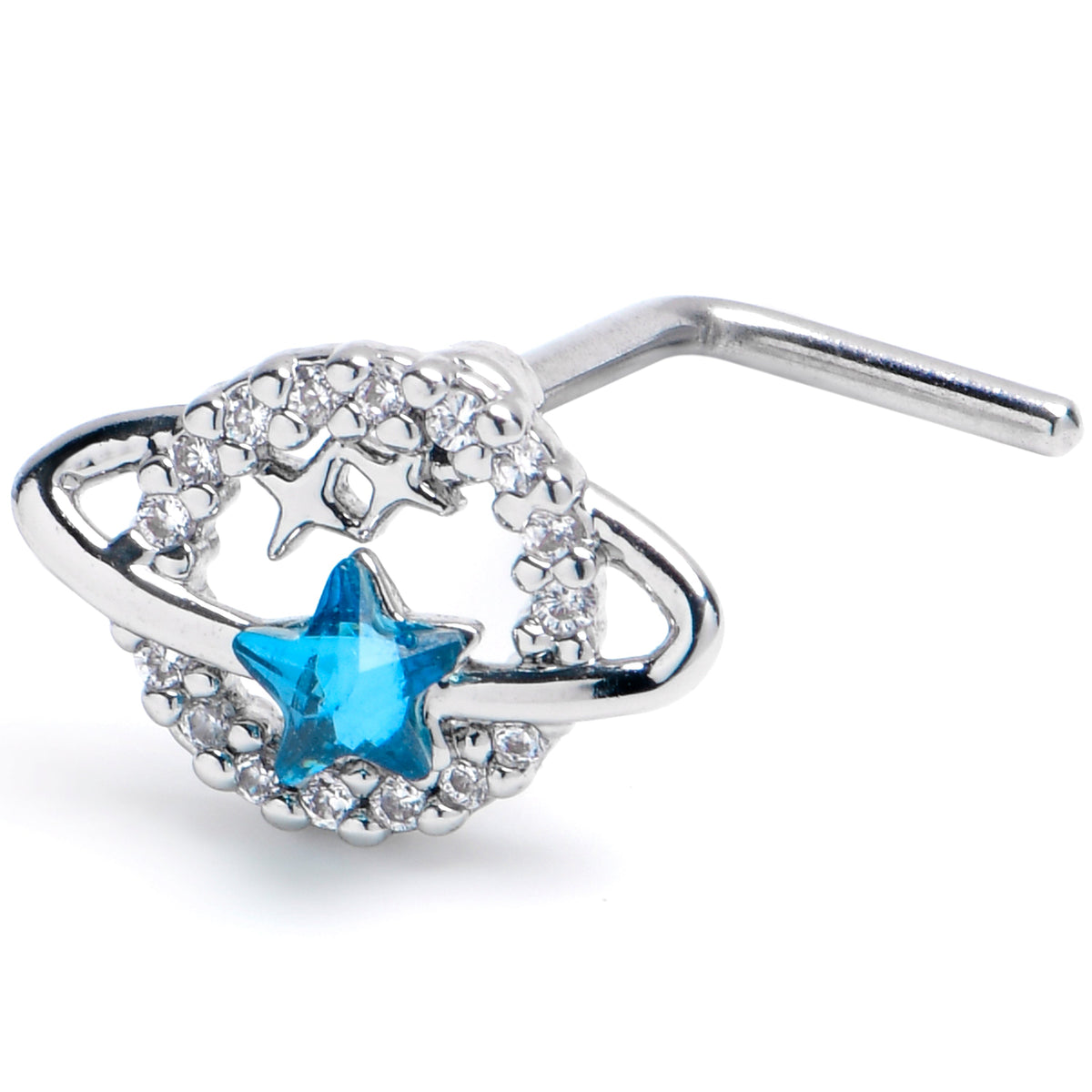 20G 7mm Clear Blue Gem Starry Skies L Shape Nose Ring