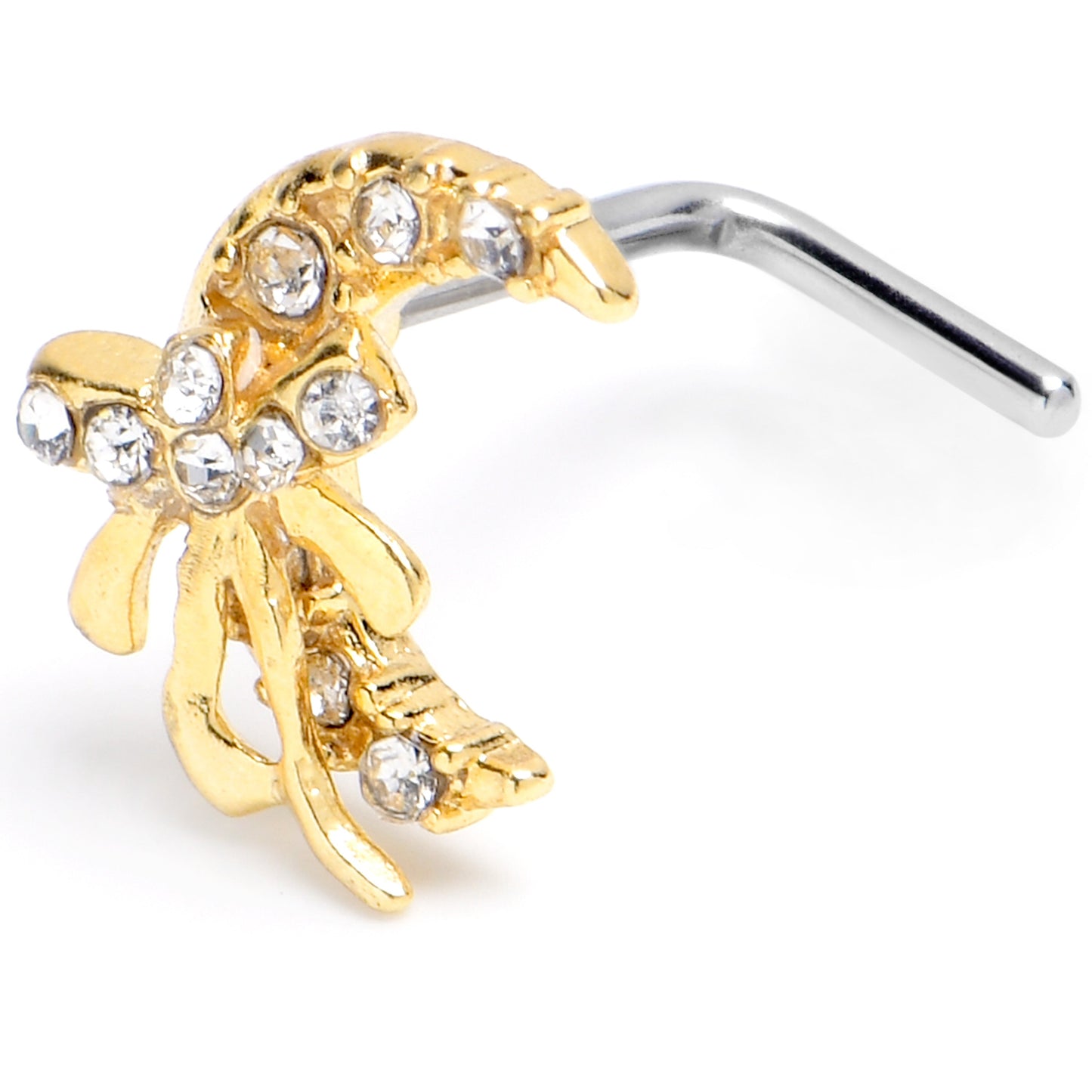 20G 1/4 Clear CZ Gem Bow Golden Moon L Shape Nose Ring