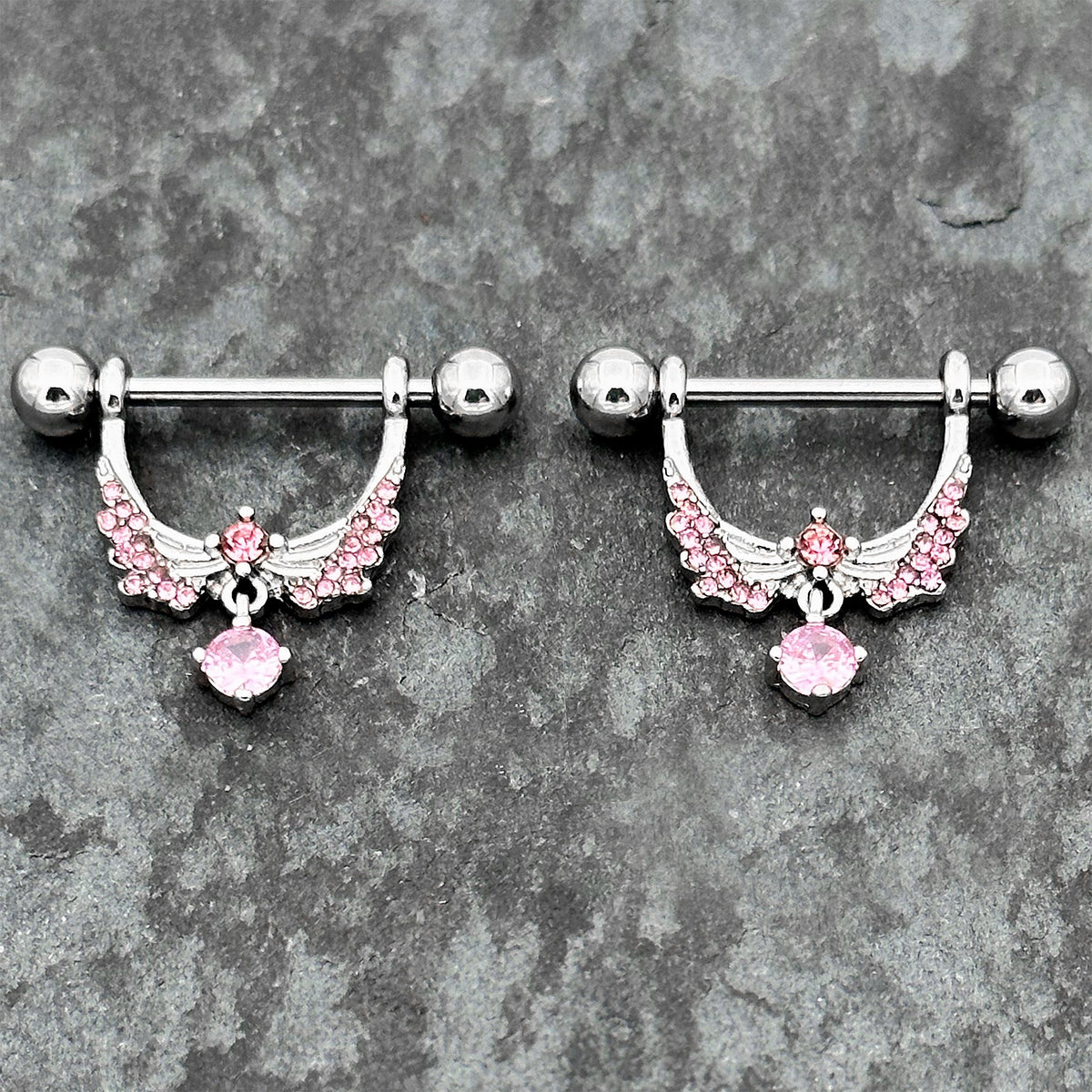 14G 9/16 Pink CZ Gem Alluring Wings Dangle Nipple Ring Set