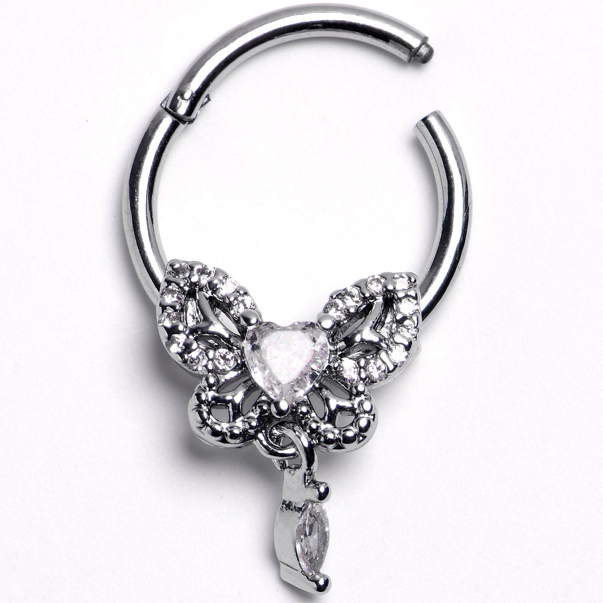 16G 5/16 Clear Gem Whimsical Butterfly Segment Ring with Dangle