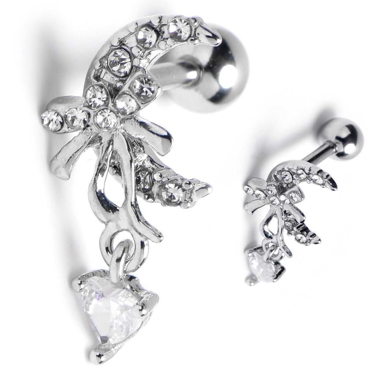 16G 1/4 Clear Gem Moon Bow Heart Dangle Cartilage Tragus Earring