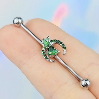 14G Green Gem Dragonfly Moon Opulence Industrial Barbell 38mm
