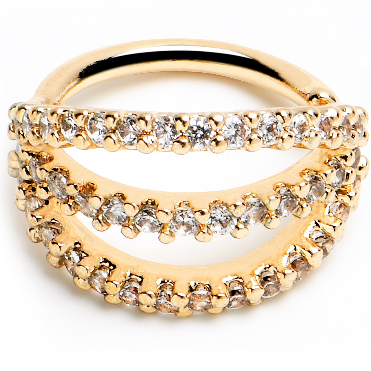 18G 5/16 Clear CZ Gem Gold Tone Faux Triple Hoop Closure Ring