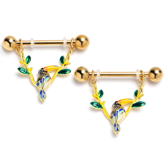 14G 9/16 Green Gem Gold Tone Tropical Toucan Dangle Nipple Ring Set