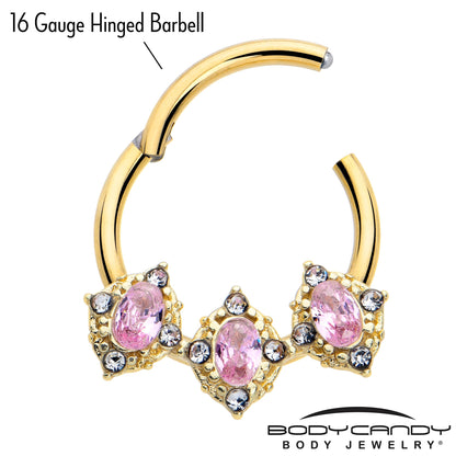 16G 3/8 Pink Tourmaline Gold Tone Wondrous Trio Hinged Segment Ring