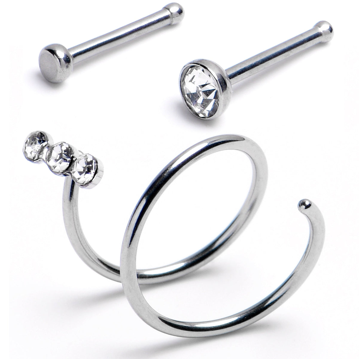 20G Nose Bone Triple Gem Twister Double Nose Hoop Ring 3 Pack