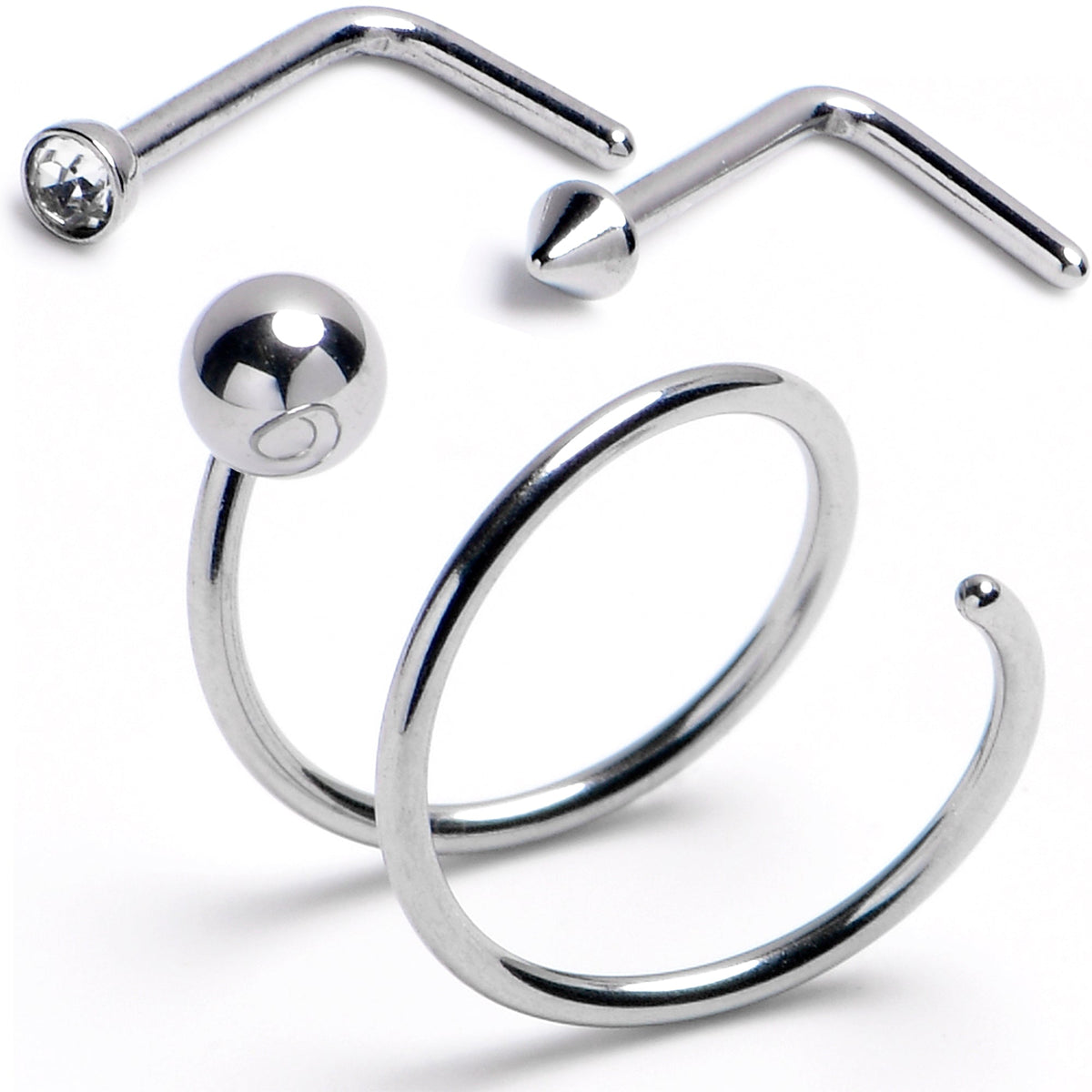 20G Gem Spike L-Shape Nose Ring Ball Twister Double Nose Hoop Ring 3 Pack