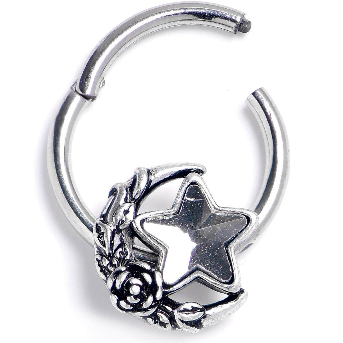 16G 3/8 Clear Gem Ornate Moon Star Hinged Segment Ring