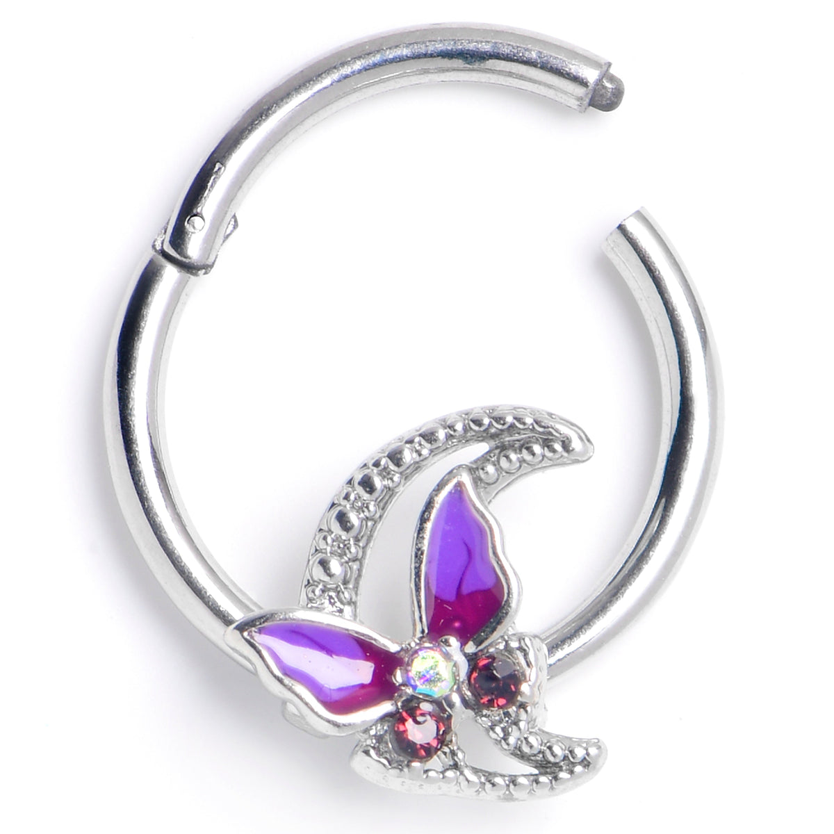 16G 3/8 Purple Gem Butterfly Purple Beauty Hinged Segment Ring