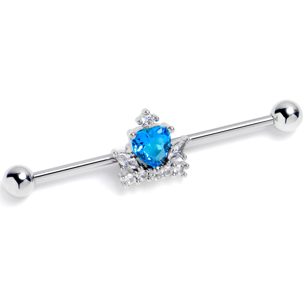 14G Blue Clear Gem Heart Crown Industrial Barbell 38mm
