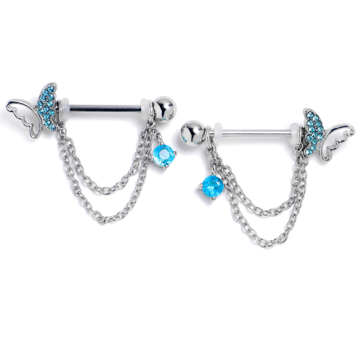 14G 9/16 Blue Gem Butterfly White Dangle Nipple Ring Set
