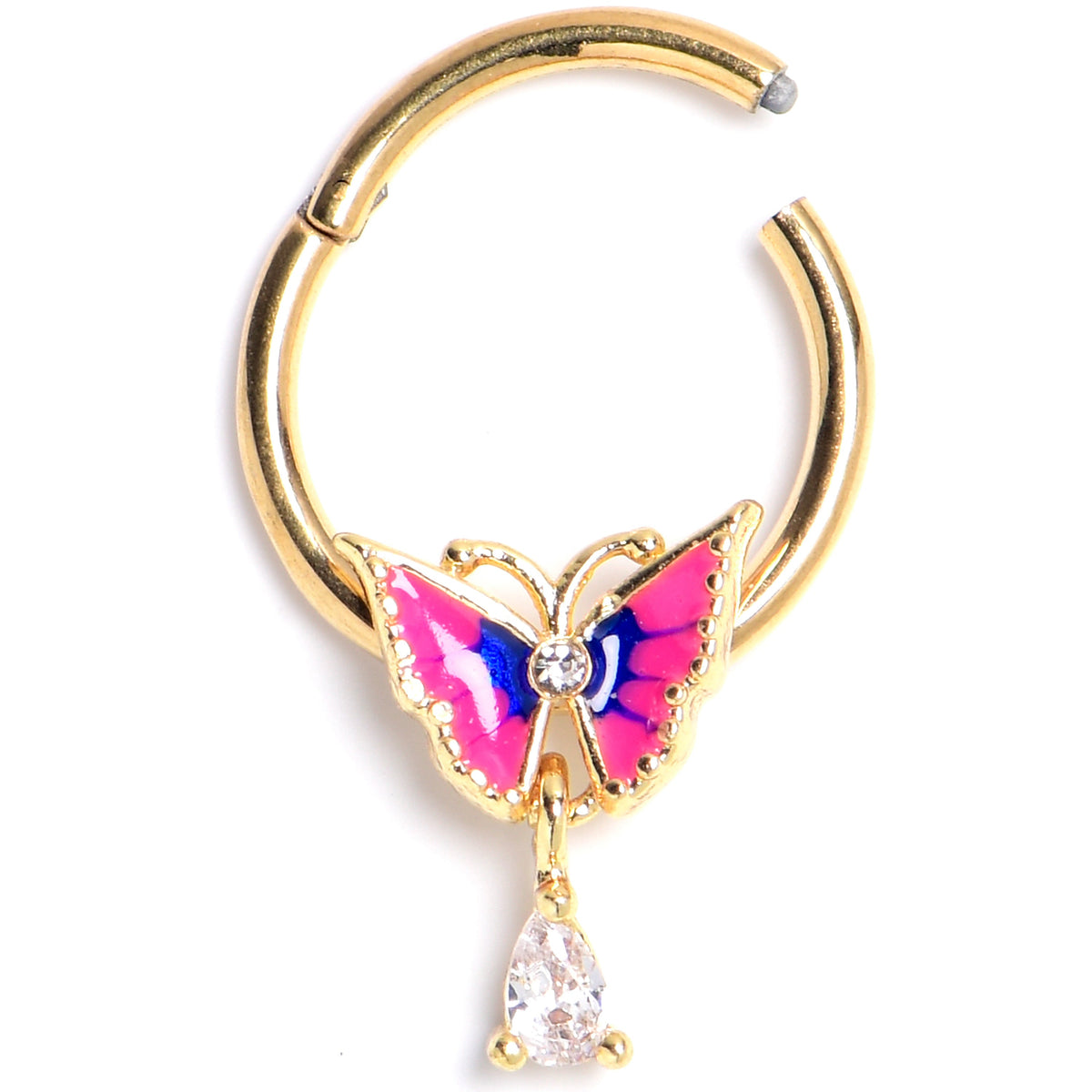16G 3/8 Clear Gem Gold Tone Butterfly Pink Hinged Segment Ring