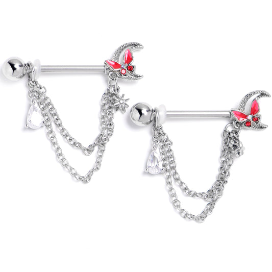 14G 9/16 Clear CZ Gem Butterfly Pink Beauty Dangle Nipple Ring Set