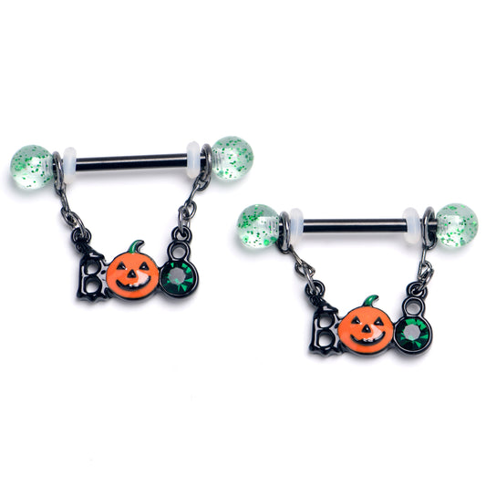 14G 9/16 Green Gem Black Boo Halloween Dangle Nipple Ring Set