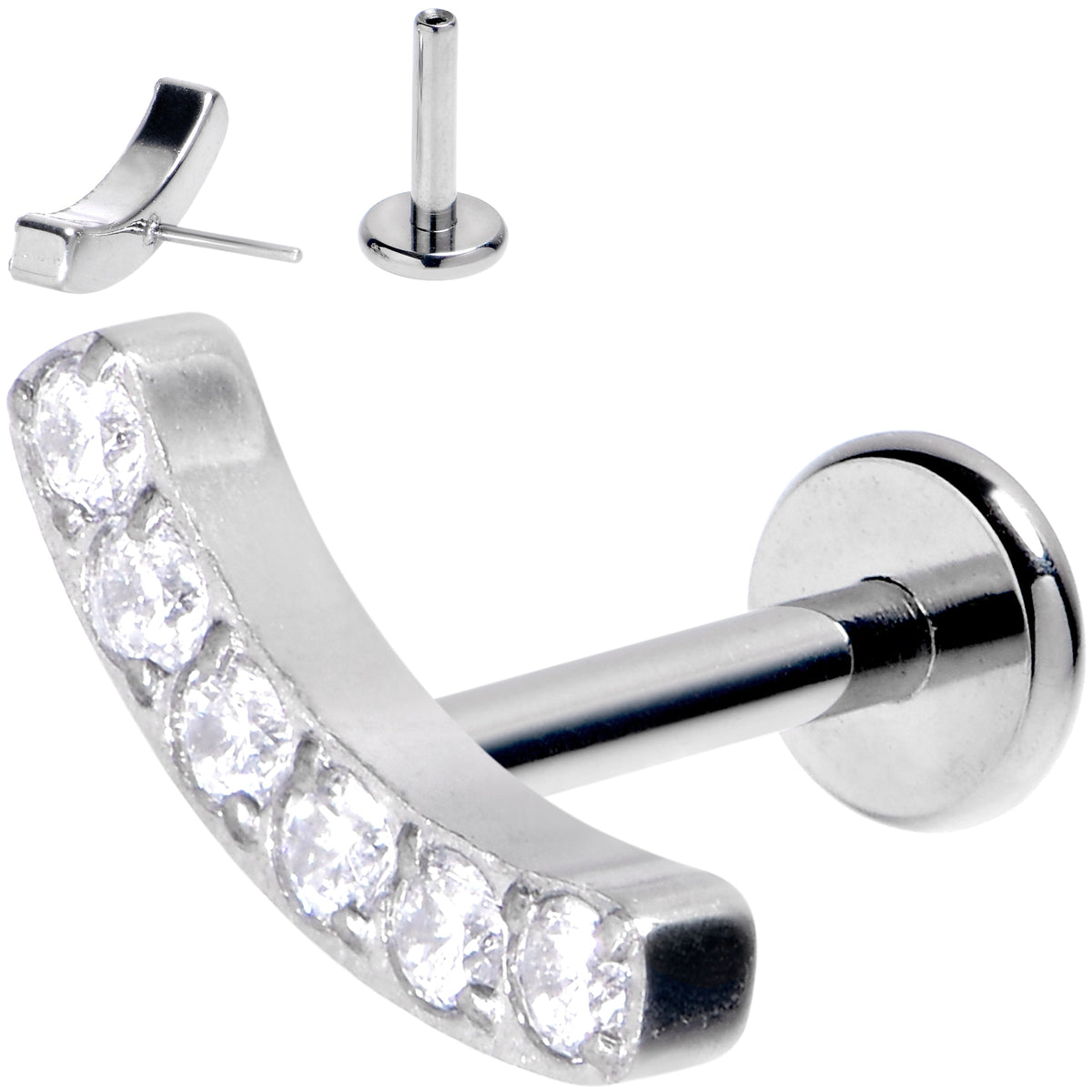 16G 1/4 Clear Gem Arc Grade 23 Titanium Threadless Push In Labret Tragus