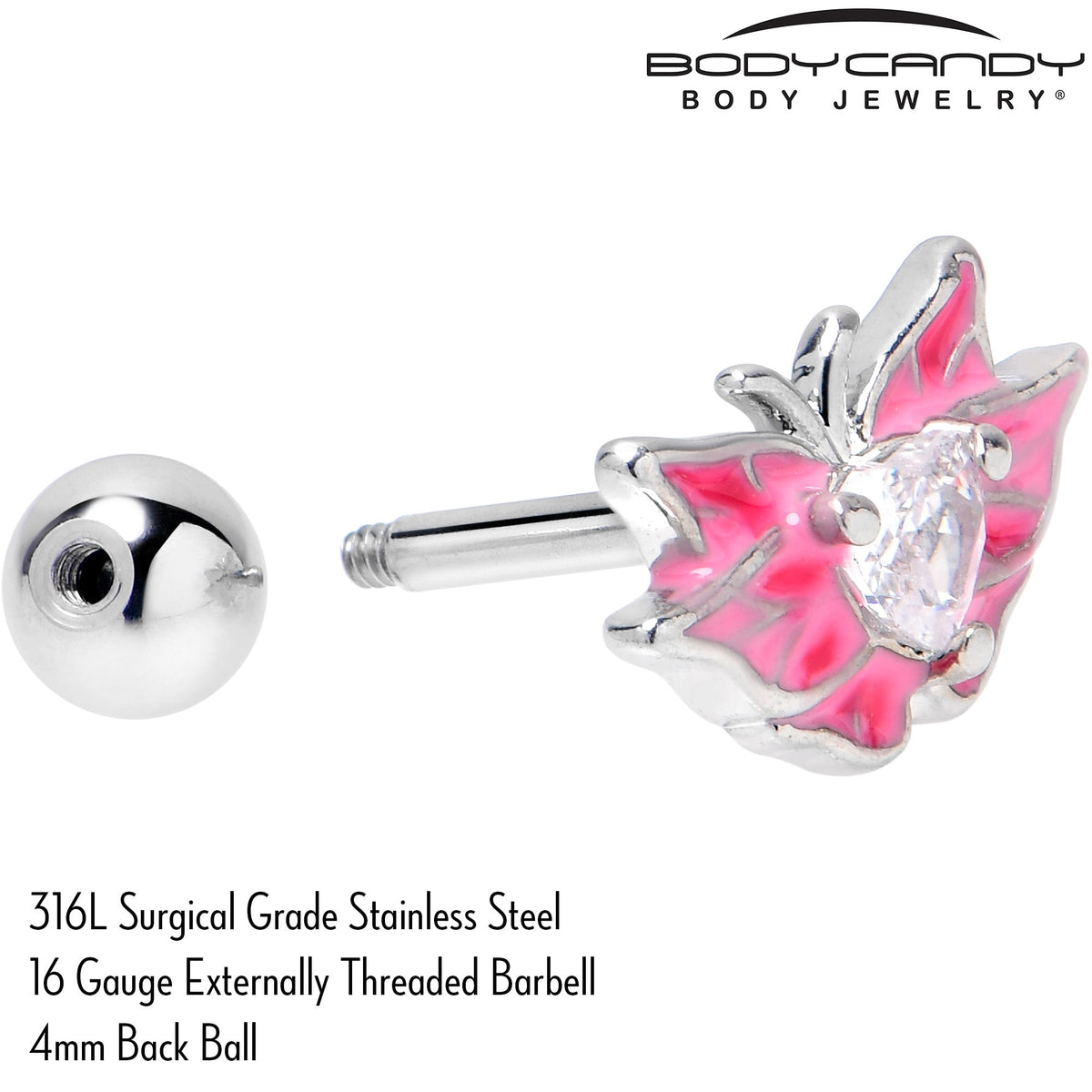 16G 1/4 Clear Gem Heart Pink Butterfly Cartilage Tragus Earring