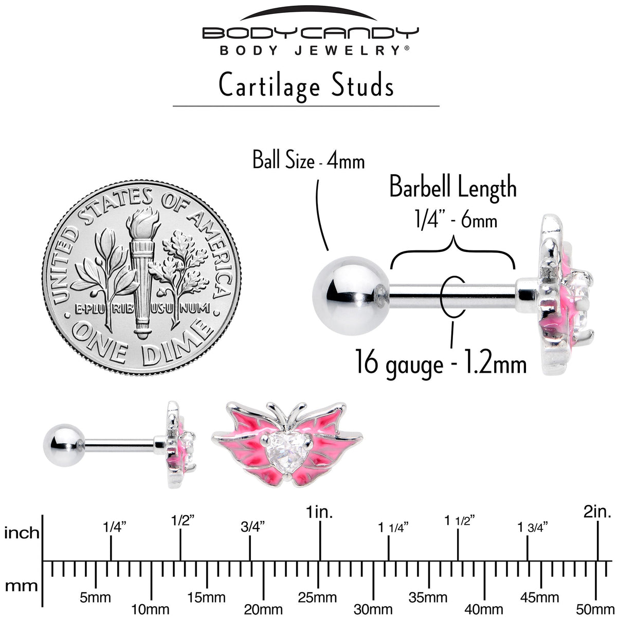 16G 1/4 Clear Gem Heart Pink Butterfly Cartilage Tragus Earring