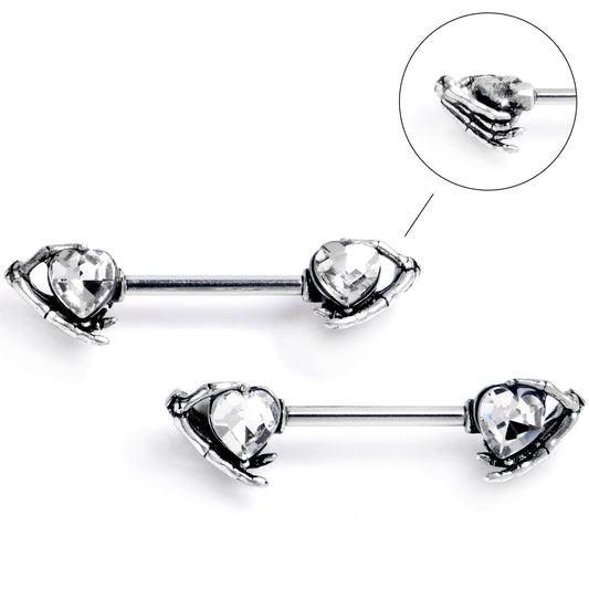 14G 9/16 Clear CZ Gem Heart Skeleton Hands Barbell Nipple Ring Set