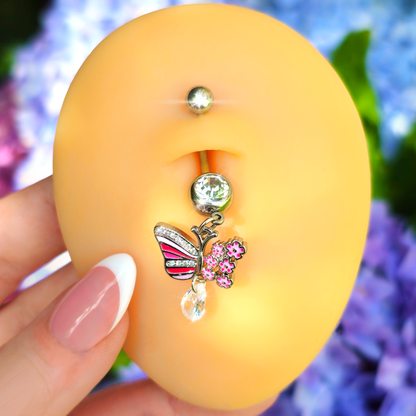 Clear CZ Gem Flowery Butterfly Pink Dangle Belly Ring