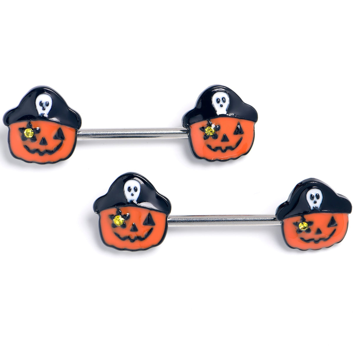 14G 9/16 Yellow Gem Orange Pirate Pumpkin Barbell Nipple Ring Set