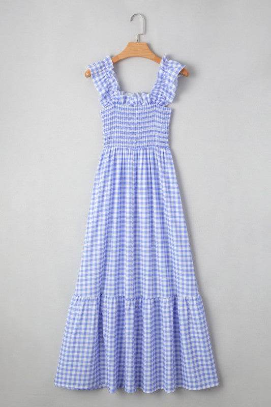 Blue Gingham plaid check maxi dress